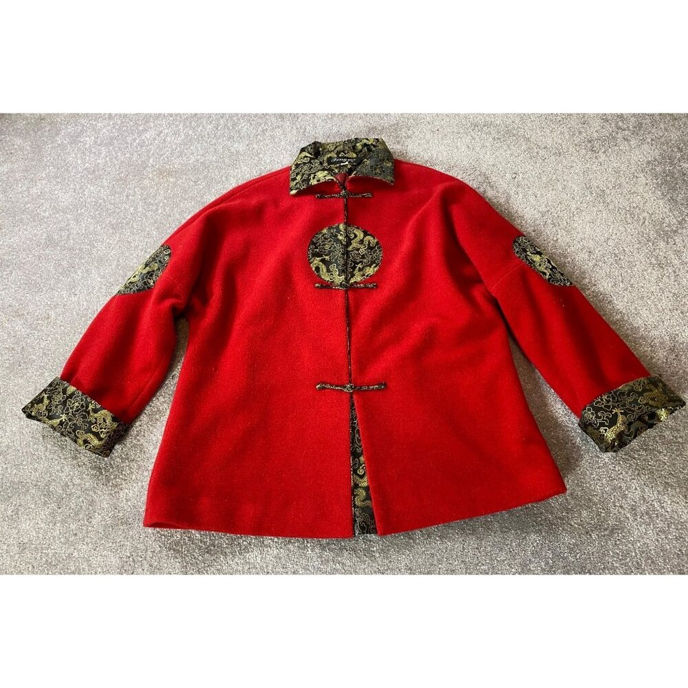 Fengmi Asian Inspired Red Wool Coat Black & Gold Brocade Dragon Large